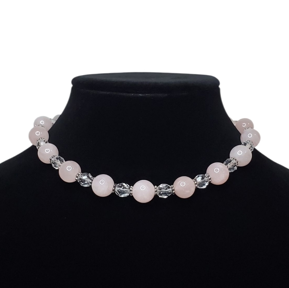 Estate Silver-Toned Rose Quartz & Glass Beaded Toggle Clasp Choker Necklace